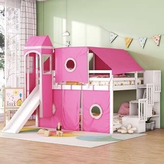 Full Size House Loft Bed with Slide & Tent, Wood Playhouse Loft Bed Bed ...