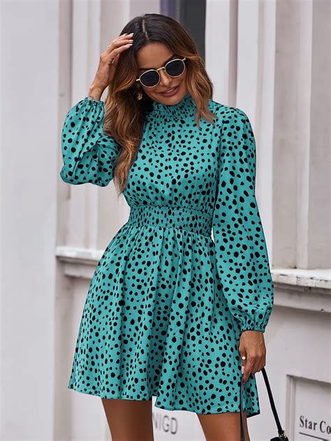 Shein Lune Vestido De Manga Farol Con Cuello Simulado Y Estampado