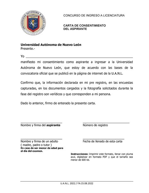 Carta De Consentimiento Del Aspirante Cifac V Concurso De