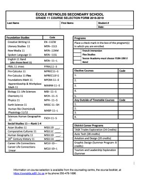 Fillable Online Reynolds Sd Bc Grade Course Selection Form