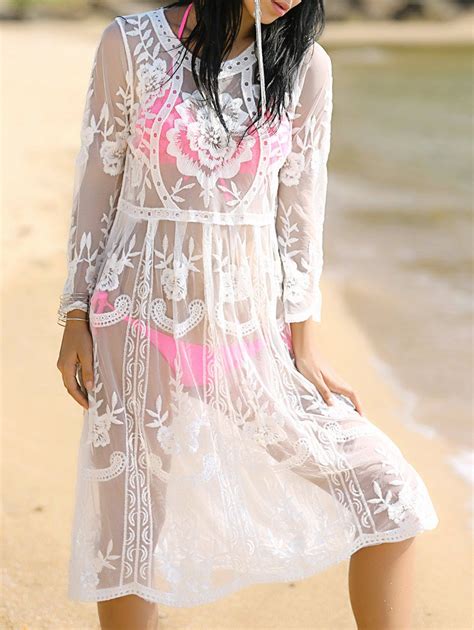 [16 Off] Sheer Lace Beach Cover Up Dress Rosegal