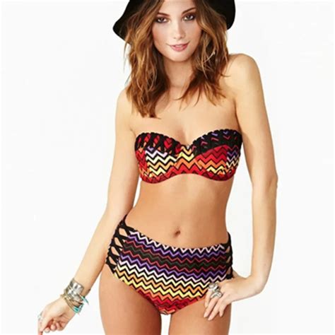 2016 Spring Summer New Retro Striped Bandeau Women Sexy Bikini Strapless Two Piece Set Push Up