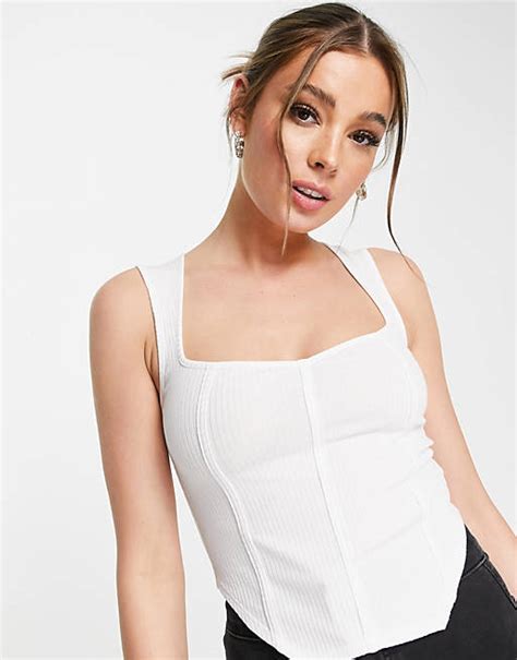 Asos Design Sleeveless Ultra Wide Neck Corset Top In White Asos