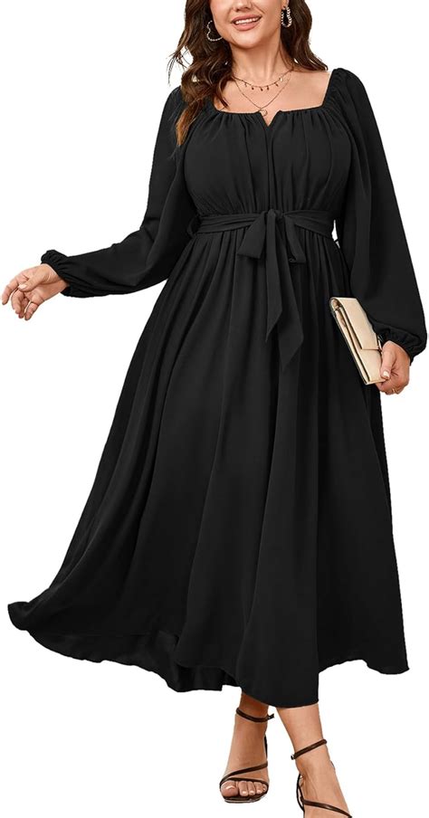 Scomchic Women Plus Size Maxi Dress Long Sleeve Square Neck Wedding