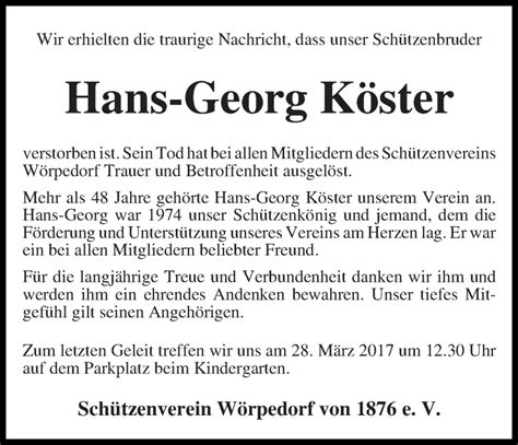 Traueranzeigen Von Hans Georg K Ster Trauer Gedenken