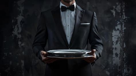 Premium Photo Butler In Tuxedo Holding Silver Tray