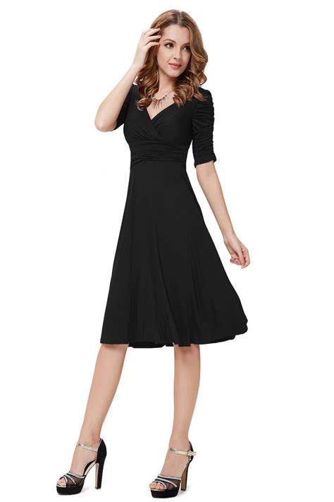 Black V Neck 3 4 Sleeve High Stretch Short Casual Dress 31 96