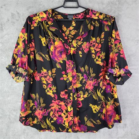 Womans Covington Blouse Multicolor Floral Rolled Sleeve Button Up Plus