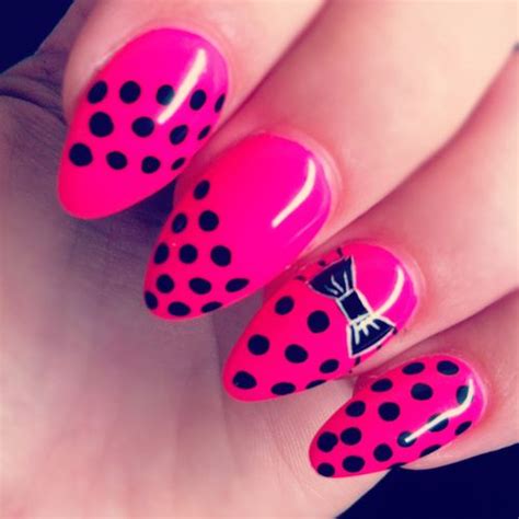 Hot Pink Black Nail Art Polka Dots Bow