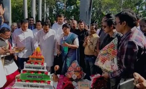 Row Over Kamal Nath Cutting Temple Shaped Cake With Pic Of Lord Hanuman