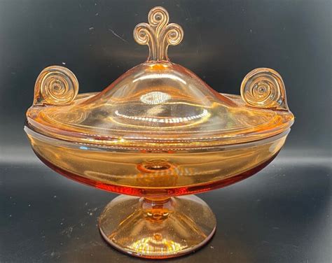 Vintage Depression Glass Honey Amber Oval Compote With Lid Rare Shape And Style Mid Century