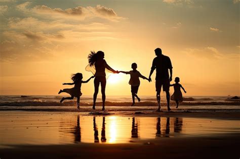 Silueta De Familia Feliz En La Playa Al Atardecer Familia Feliz