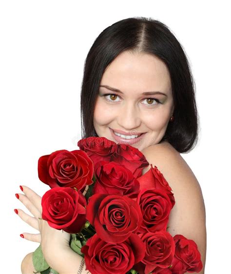Brunette Woman With A Big Bouquet Of Red Roses Stock Image Image Of Valentines Positive