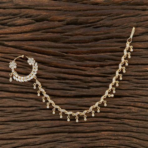 cz indian nose ring gold chain nath press  bridal jewelry etsy