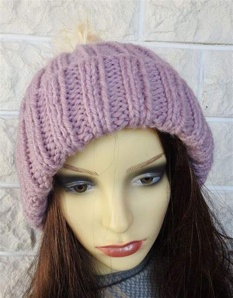 Knitted Womens Two Style Pink Winter Hat With Fawn Coloured Pom Pom