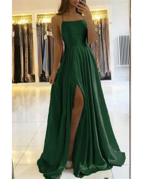 Amazing Spaghetti Straps Satin Sexy Slit Dark Green Prom Dress Long