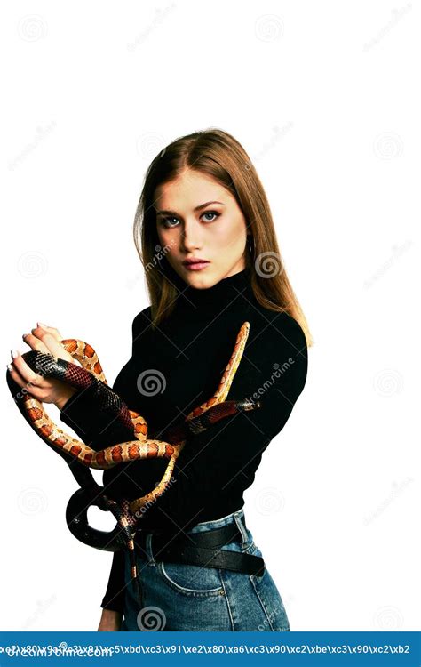 Beautiful Woman In Black Bodywear And Snake Blonde Model Girl With Fashion Perfect Make Up