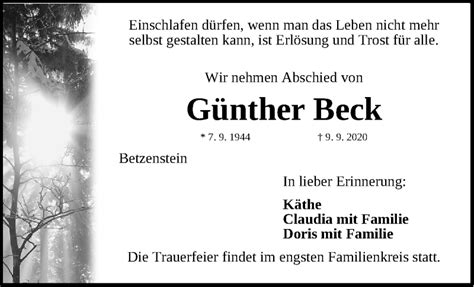 Traueranzeigen Von G Nther Beck Trauer Nn De