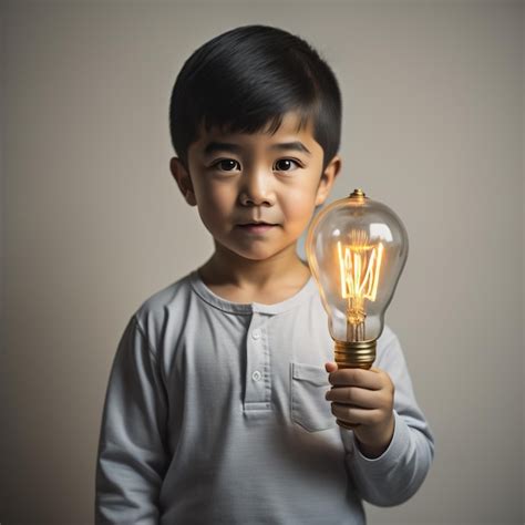 Premium AI Image A Boy Is Holding A Light Bulb That Is Lit Up