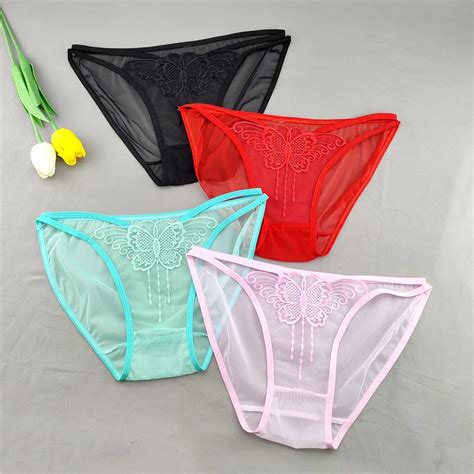 3 Pcs Pack Sexy Underwear Embroidered With Lace Butterfly Transparent Lingerie Stretchy Panties