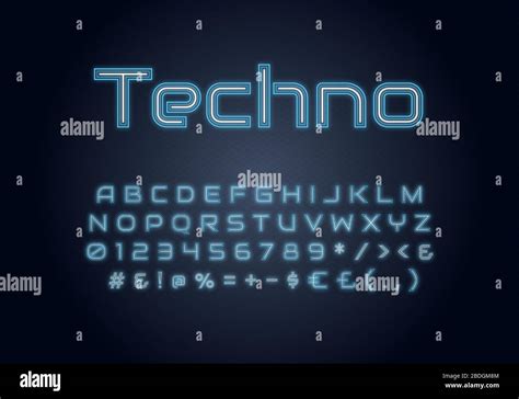 Techno Neon Light Font Template Techno Illuminated Vector Alphabet Set