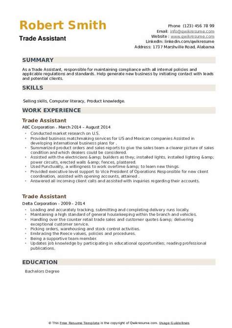 Trade Assistant Resume Samples Qwikresume