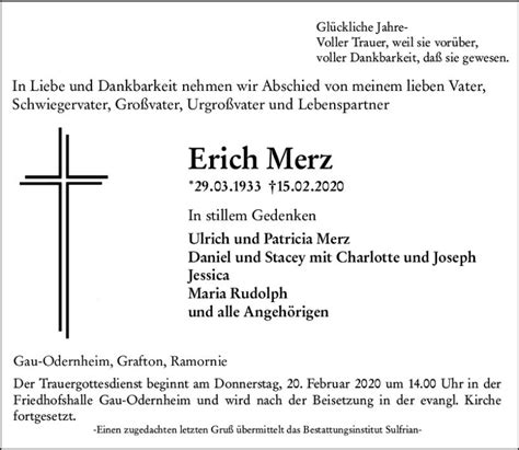 Traueranzeigen Von Erich Merz Vrm Trauer De