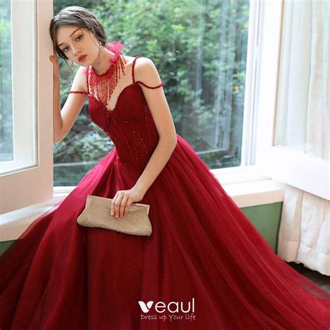 Chic Beautiful Red Evening Dresses A Line Princess Spaghetti