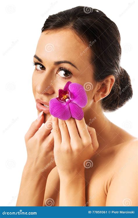 Woman With Purple Orchid Petal Near Face Stock Image Image Of Naked Nude 77859361