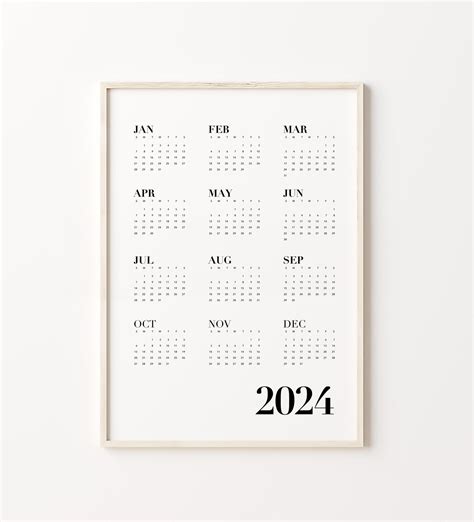 2024 Black and White Wall Calendar, Year at a Glance, One Page Modern ...