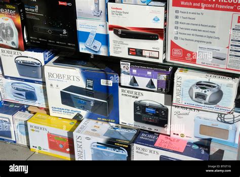 A Window Display Of Boxed Electrical Products Stock Photo Alamy