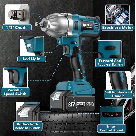 Seesii 3300RPM Impact Wrench 580Ft Lbs 800N M Cordless Impact Wrench 1