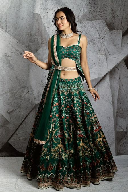 Buy Emerald Green Blouse And Lehenga Raw Silk Dupatta Net Print And Embroidery Set For Women By