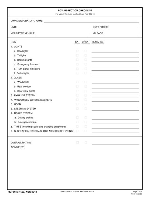 Army Pov Inspection Da Form Fill Out And Sign Printable Pdf