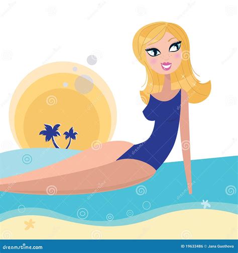 Blond Woman Bathing And Sun Tanning On The Beach Stock Vector