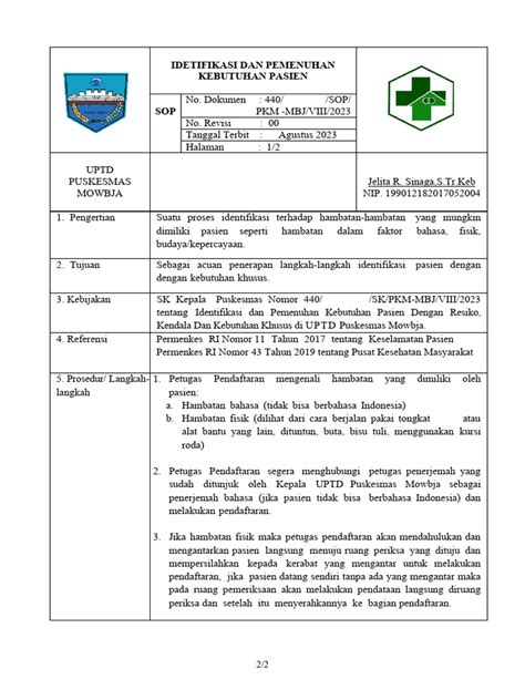 3111 Sop Identifikasi Dan Pemenuhan Kebutuhan Pasien Pdf