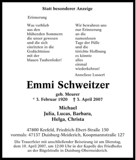 Traueranzeigen Von Emmi Schweitzer Trauer In NRW De