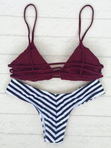 Off Striped Strappy Bikini Set In Wine Red Zaful