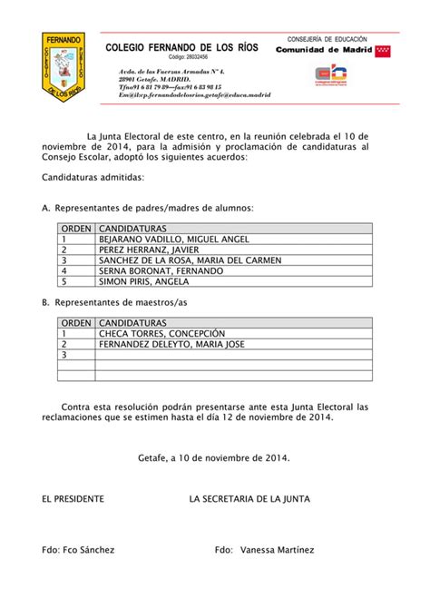 PROCLAMACIÓN DE CANDIDATURAS PARA CONSEJO ESCOLAR 2014 15 PDF