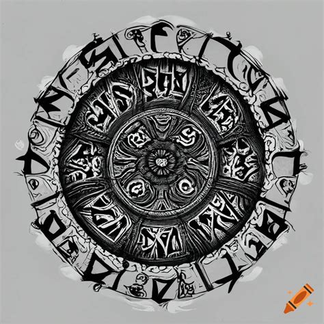 Black And White Line Art Scroll With Ritual Circle And Arcane Runes On