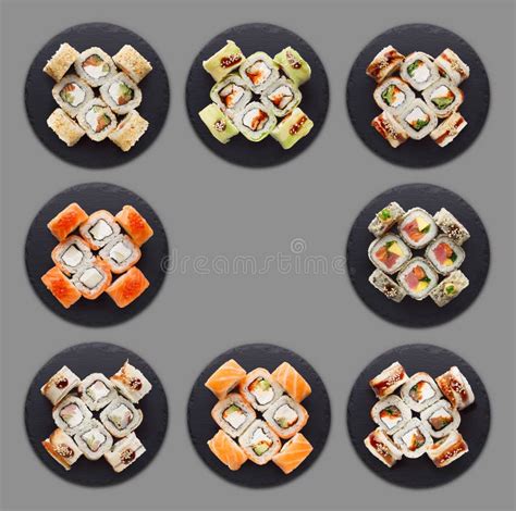 Collage Various Sushi Japanese Restaurant Menu Black Background Photos