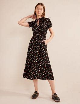 Ruched Jersey Midi Tea Dress Black Dainty Sprig Boden US