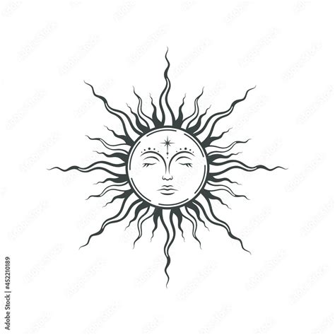 Sketch tattoo mystical boho sun with face. Magical vector isolated ...