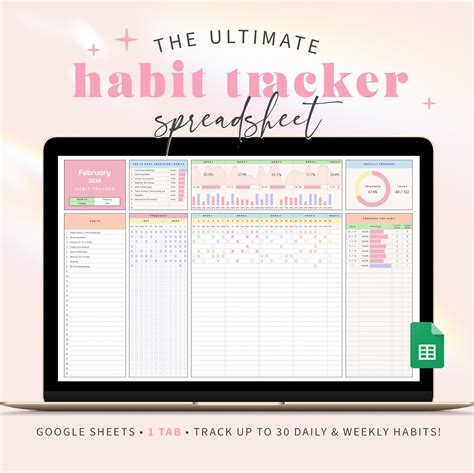 Rainbow Habit Tracker Spreadsheet Digital Goal Planner Productivity