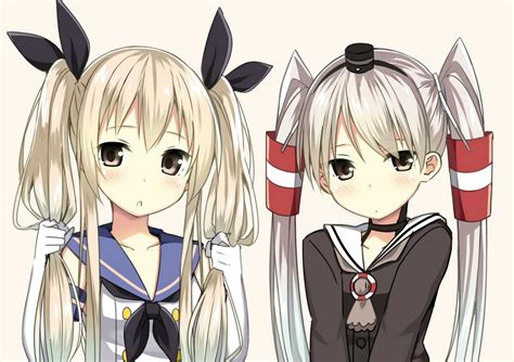 2girls Amatsukaze Kancolle Anthropomorphism Blonde Hair Blush Brown