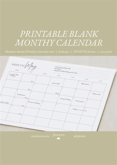 Printable Blank Monthly Calendar Landscape — Fawnar