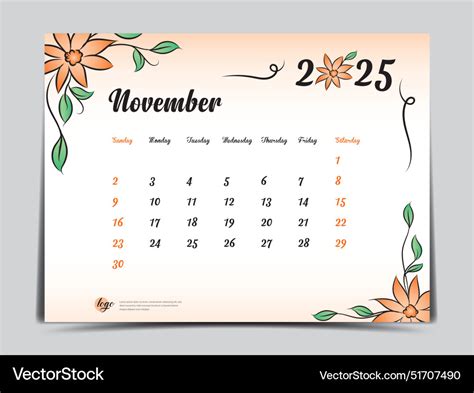 Calendar 2025 template on flowers background nov Vector Image