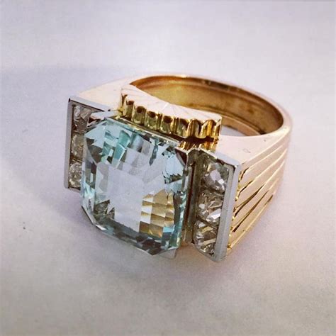 Bague Tank Aigue Marine Et Diamants Tank Ring Aqua Marine And