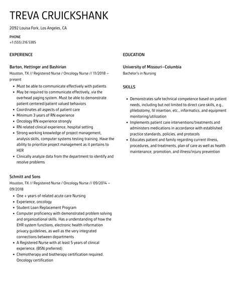 Registered Nurse Oncology Nurse Resume Samples Velvet Jobs