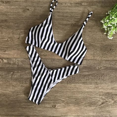 New 2018 Thong Bikini Swimwear Sexy Zebra Black And White Stripes Print